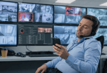 Maglovita budućnost CCTV operatera: AI neće ukinuti čoveka, ali će ugasiti lošu uslugu Nezainteresovani CCTV operater koristi mobilni telefon dok sistemi video-nadzora prikazuju aktivne alarme