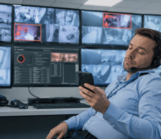 Maglovita budućnost CCTV operatera: AI neće ukinuti čoveka, ali će ugasiti lošu uslugu Nezainteresovani CCTV operater koristi mobilni telefon dok sistemi video-nadzora prikazuju aktivne alarme