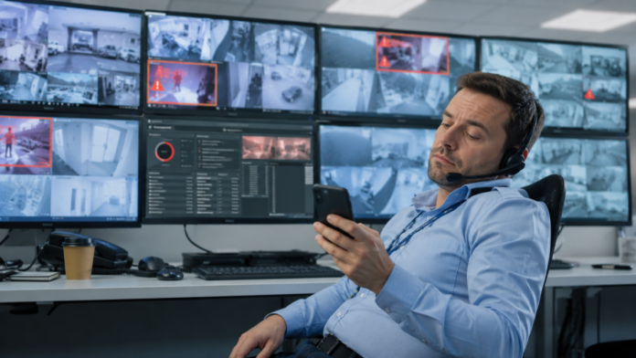 CCTV operater u eri AI Nezainteresovani CCTV operater koristi mobilni telefon dok sistemi video-nadzora prikazuju aktivne alarme